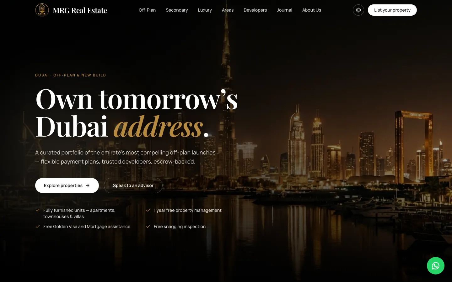 MRG Real Estate homepage on desktop