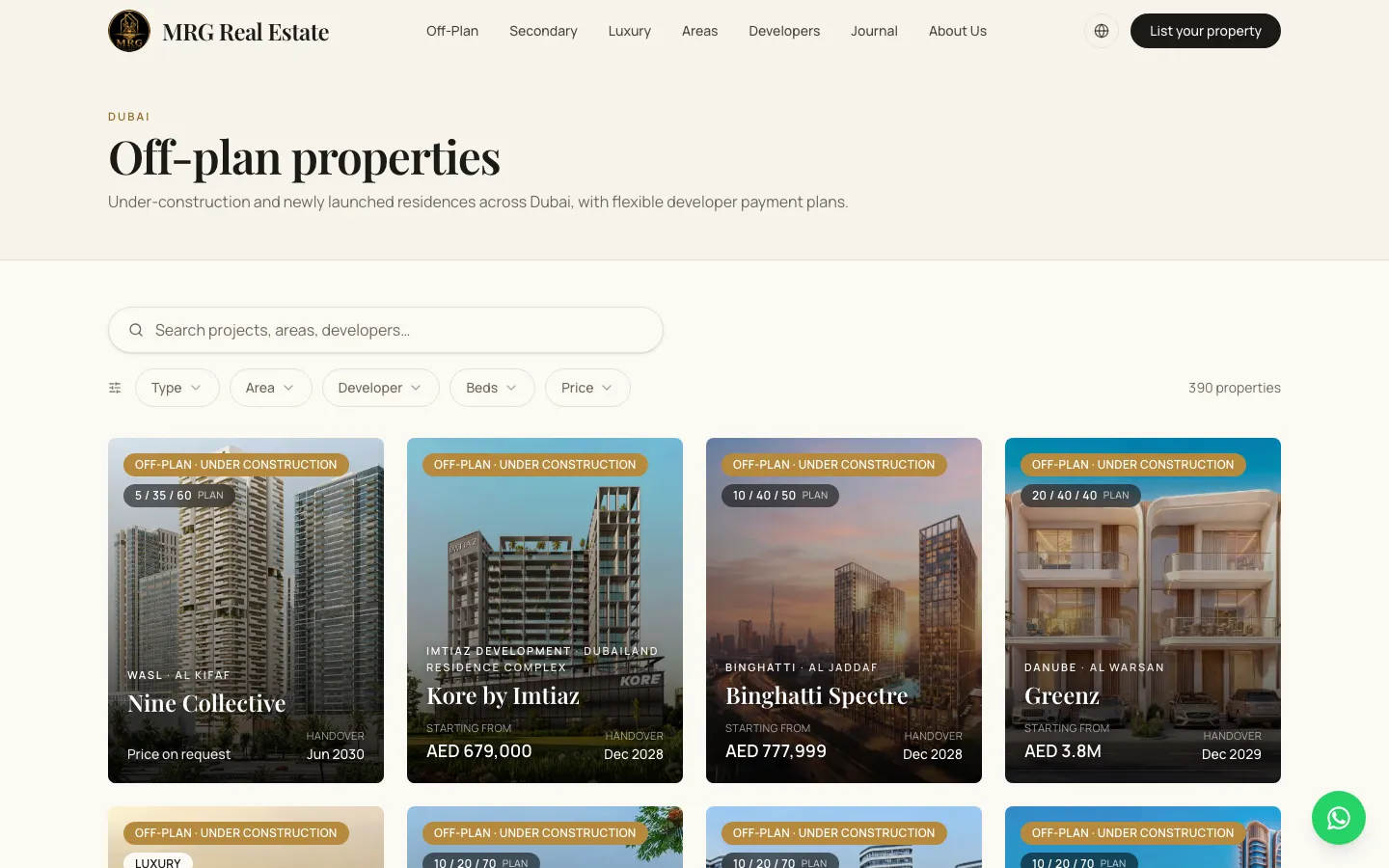 MRG off-plan listing page with search and filters