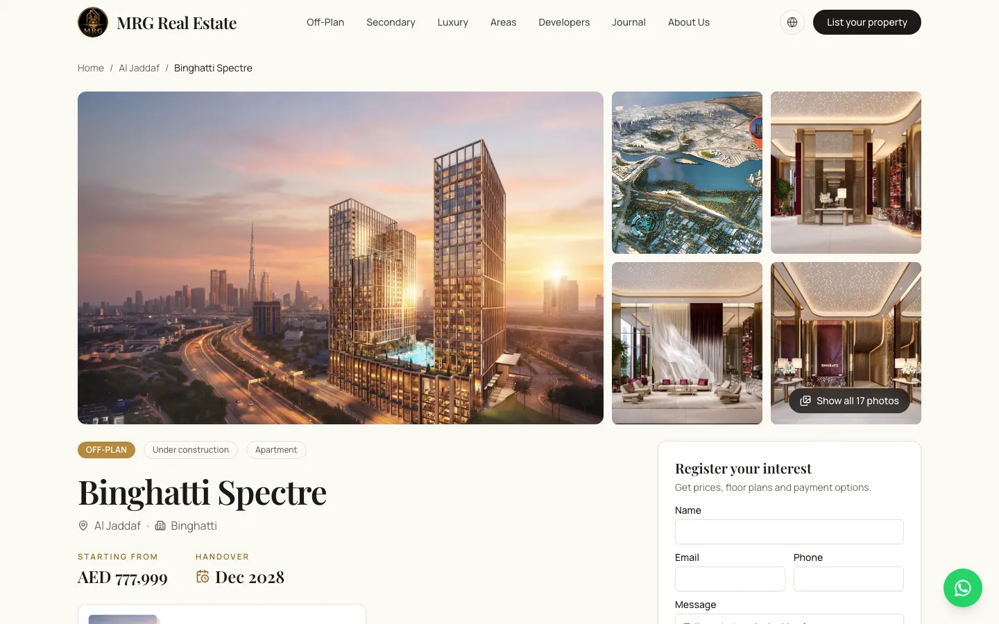 MRG project page in English with prices in AED